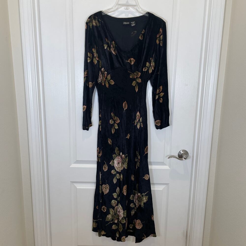 Y2K Vintage Crushed Velvet Maxi Dress Dark Floral Whimsigoth Fairygrunge Black 6